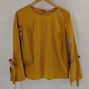 Dalia Mustard Yellow Gold Button Back Blouse Size Small Tie Button Wide Sleeves